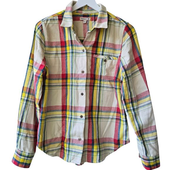 Toad & Co Mojo Plaid Oatmeal Button Up Flannel Long Sleeve Shirt Shacket Medium - Picture 1 of 11